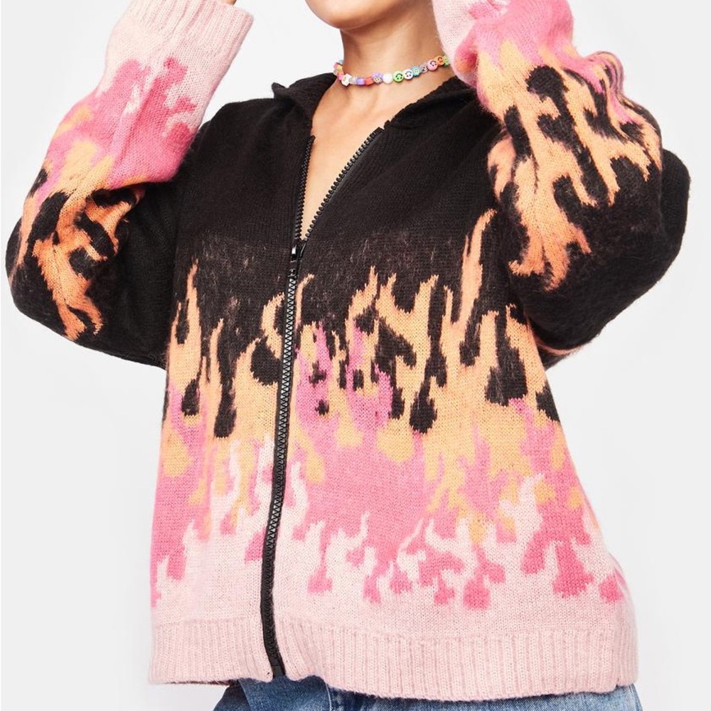 The Ragged Priest Zipper Hoodie Knit Flames Sweater, Size XS